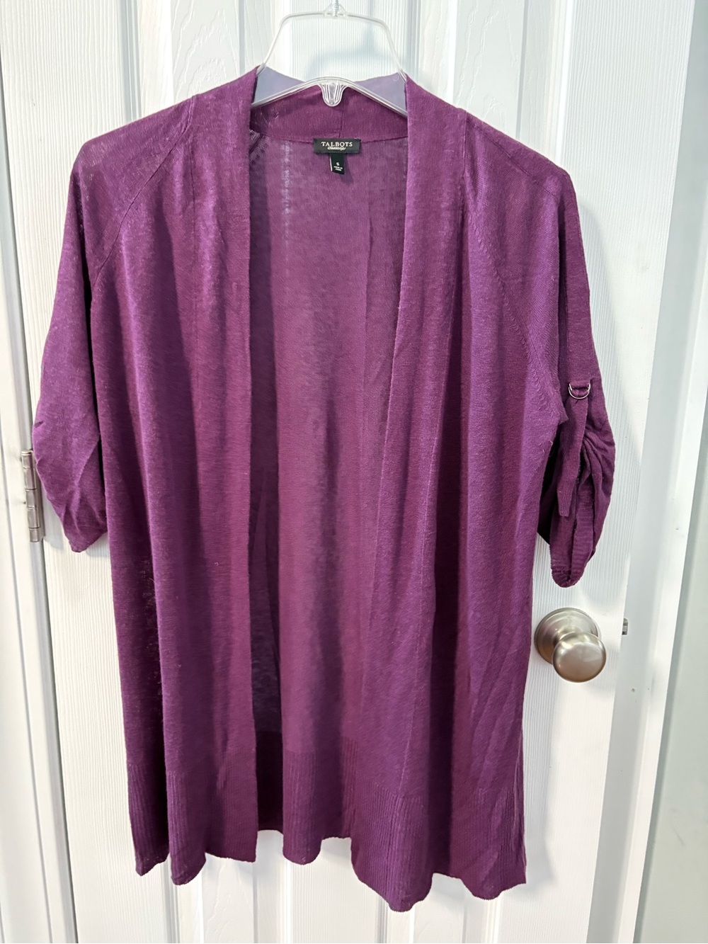 Talbots Plum Open-Front Roll-Tab Sleeve Cardigan